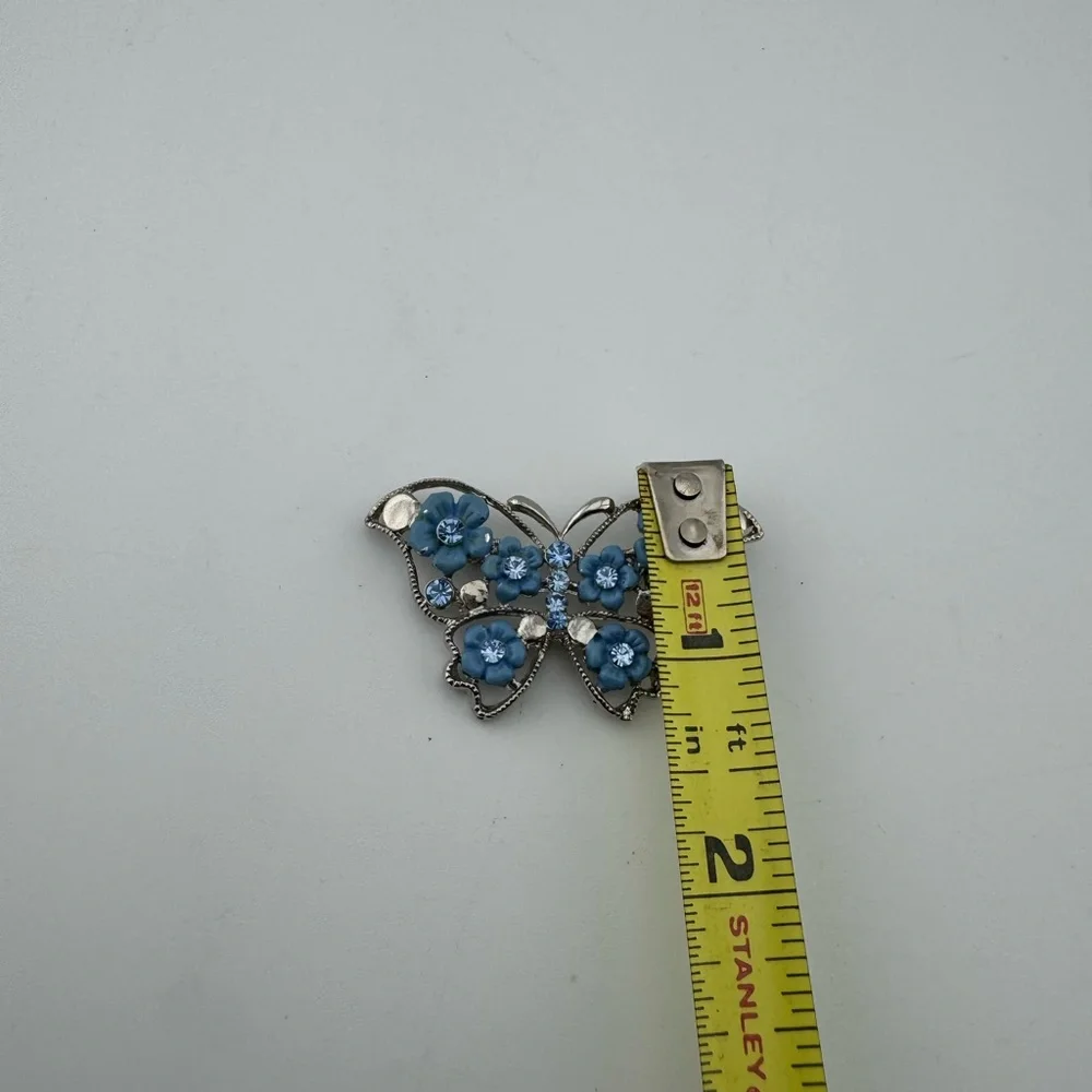 Blue Floral Butterfly‎ Brooch Silver Toned